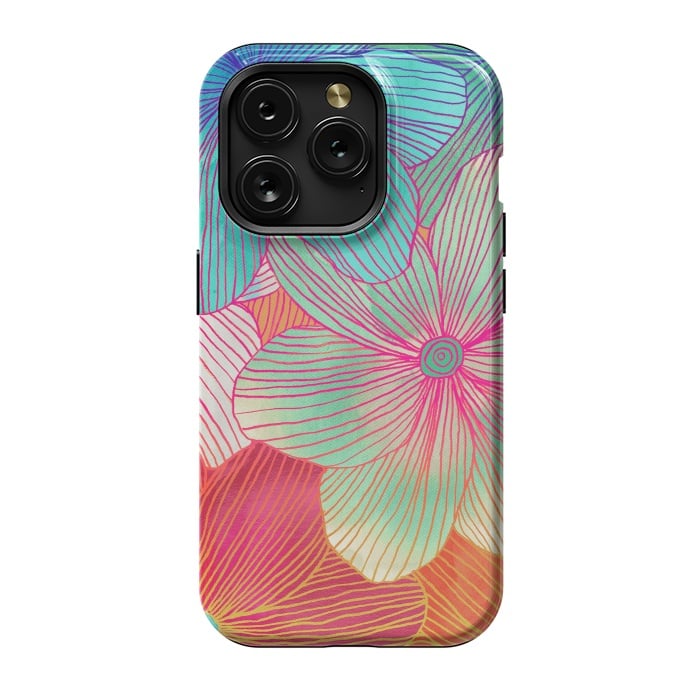 iPhone 15 Pro StrongFit Between the Lines - tropical flowers in pink, orange, blue & mint by Micklyn Le Feuvre