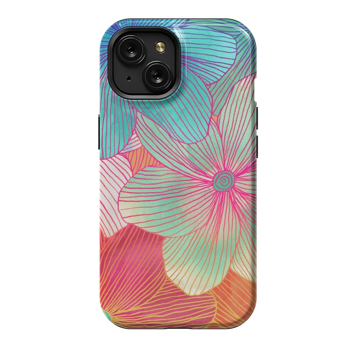 iPhone 15 StrongFit Between the Lines - tropical flowers in pink, orange, blue & mint by Micklyn Le Feuvre
