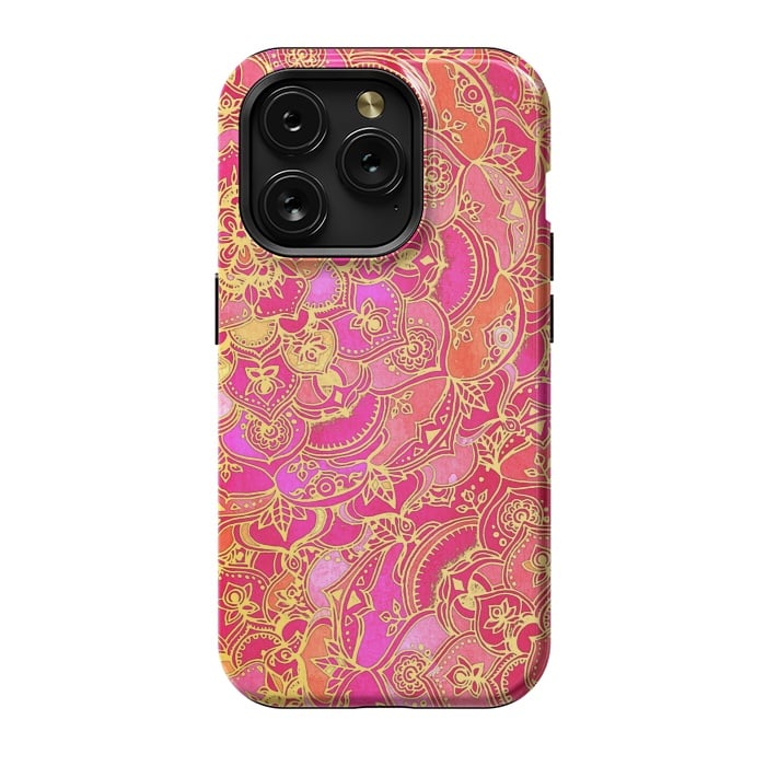 iPhone 15 Pro StrongFit Hot Pink and Gold Baroque Floral Pattern by Micklyn Le Feuvre