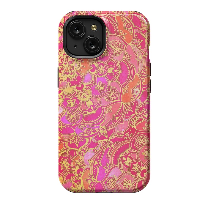 iPhone 15 StrongFit Hot Pink and Gold Baroque Floral Pattern by Micklyn Le Feuvre