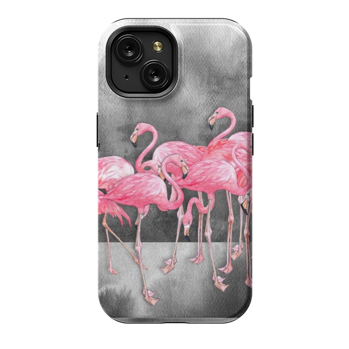 iPhone 15 StrongFit Pink Flamingos in Watercolor & Ink by Micklyn Le Feuvre