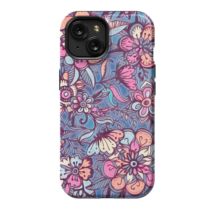 iPhone 15 StrongFit Sweet Spring Floral - soft indigo & candy pastels by Micklyn Le Feuvre