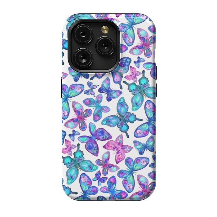 iPhone 15 Pro StrongFit Watercolor Fruit Patterned Butterflies - aqua and sapphire by Micklyn Le Feuvre