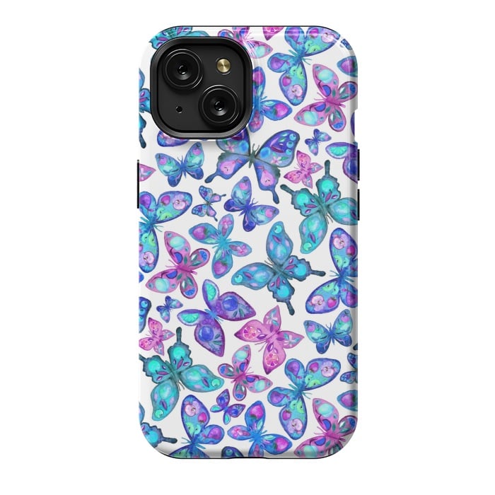 iPhone 15 StrongFit Watercolor Fruit Patterned Butterflies - aqua and sapphire by Micklyn Le Feuvre