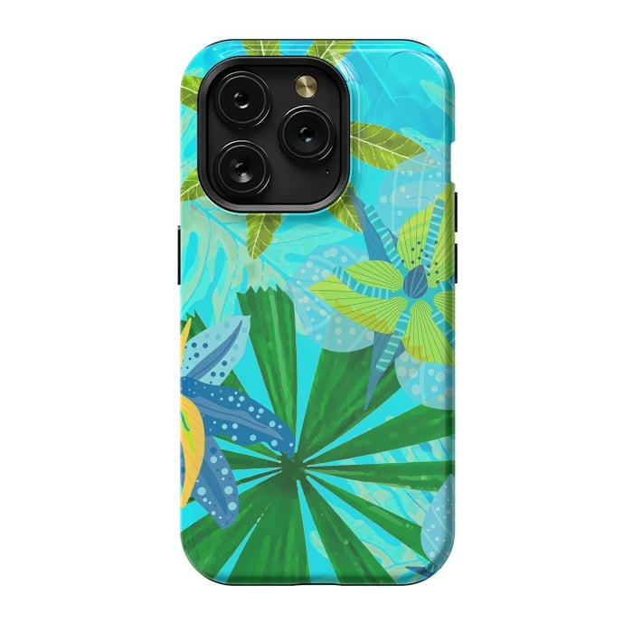 iPhone 15 Pro StrongFit Watercolor Abstract Teal and Blue Aloha tropical Jungle by  Utart