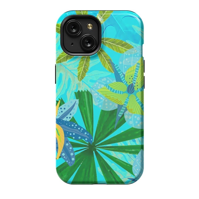 iPhone 15 StrongFit Watercolor Abstract Teal and Blue Aloha tropical Jungle by  Utart