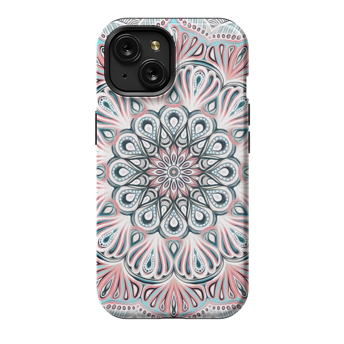 iPhone 15 StrongFit Expansion - boho mandala in soft salmon pink & blue by Micklyn Le Feuvre