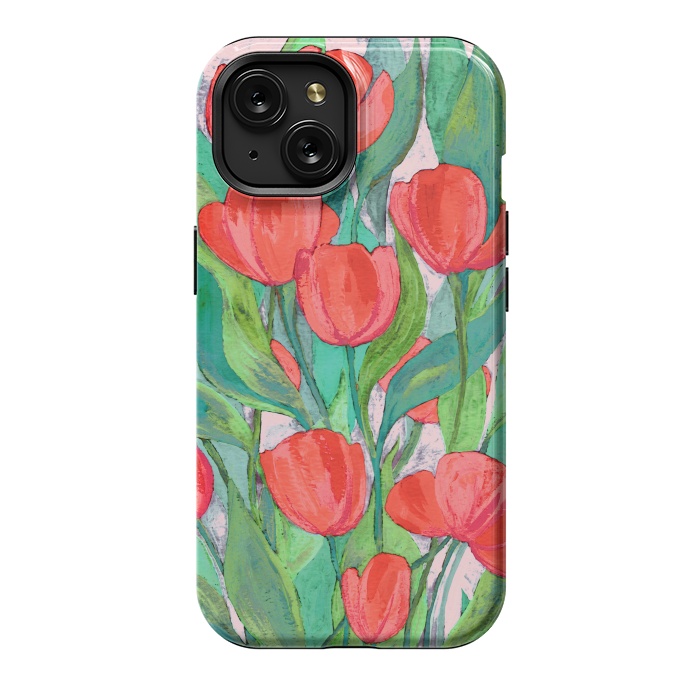 iPhone 15 StrongFit Blooming Red Tulips in Gouache  by Micklyn Le Feuvre