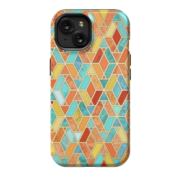 iPhone 15 StrongFit Tangerine and Turquoise Geometric Fall Pattern by Micklyn Le Feuvre