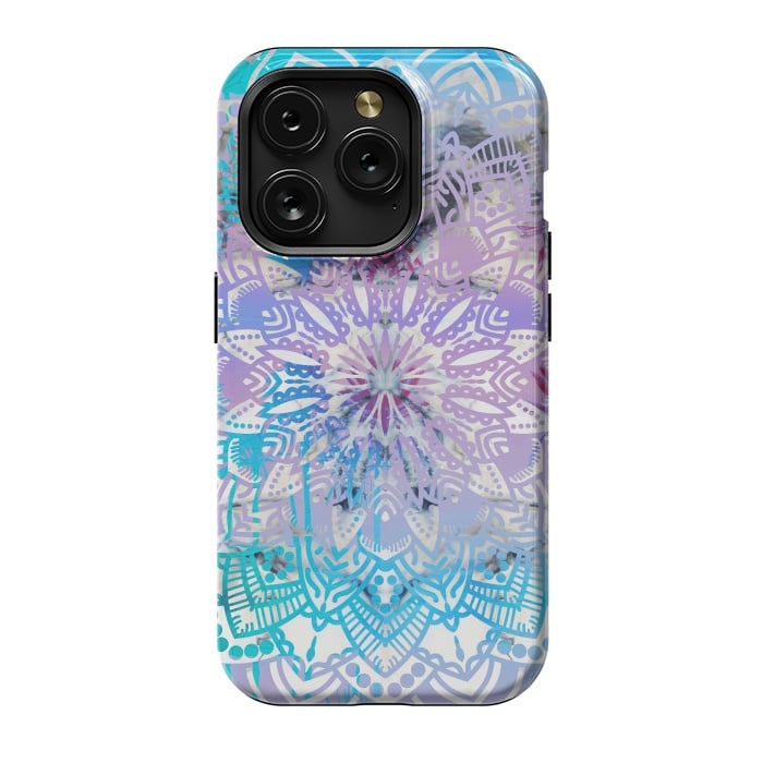 iPhone 15 Pro StrongFit Blue lavender mandala drawing on white marble by Oana 