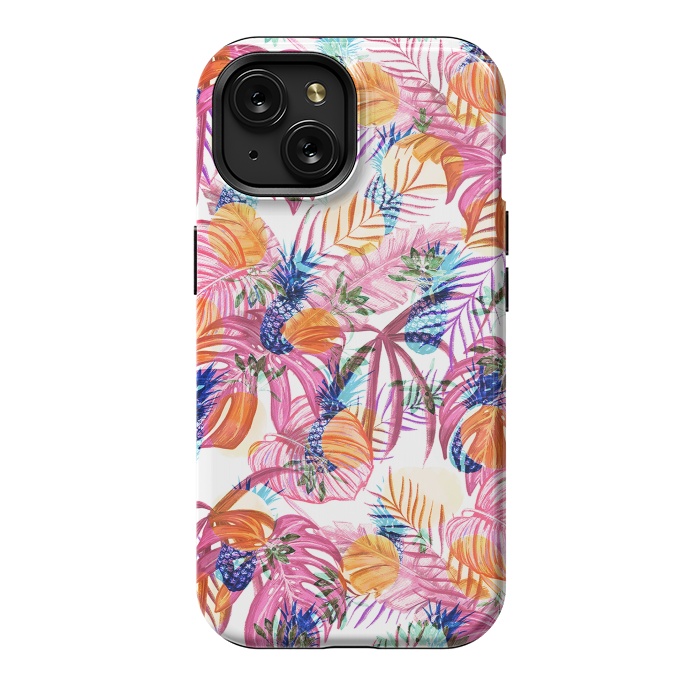 iPhone 15 StrongFit Pink tropical leaves and blue pineapples by Oana 