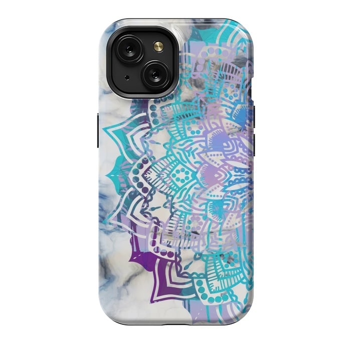 iPhone 15 StrongFit Blue purple mandala on white marble texture by Oana 