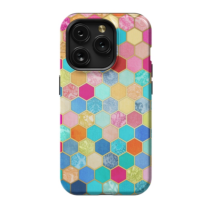 iPhone 15 Pro StrongFit Patterned Honeycomb Patchwork in Jewel Colors by Micklyn Le Feuvre