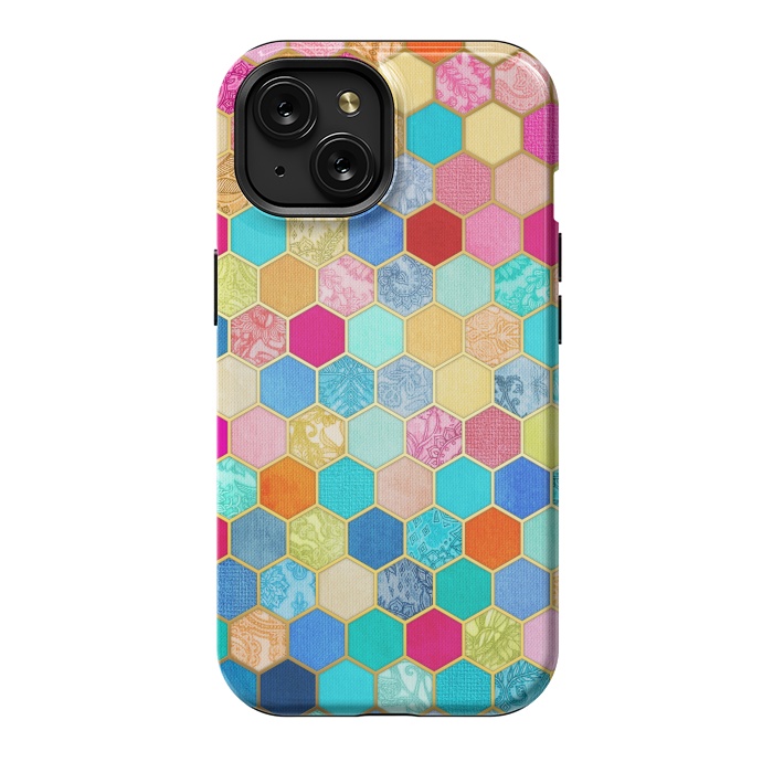 iPhone 15 StrongFit Patterned Honeycomb Patchwork in Jewel Colors by Micklyn Le Feuvre