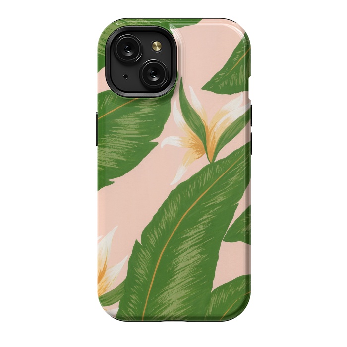 iPhone 15 StrongFit Pink Bird Of Paradise Jungle Floral Print by Becky Starsmore