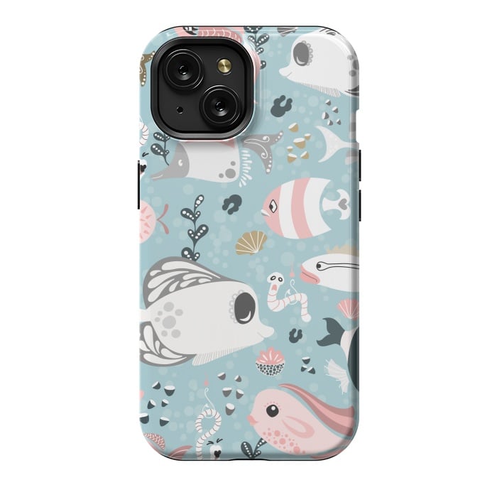 iPhone 15 StrongFit Funny Fish in Pink and Grey by Paula Ohreen