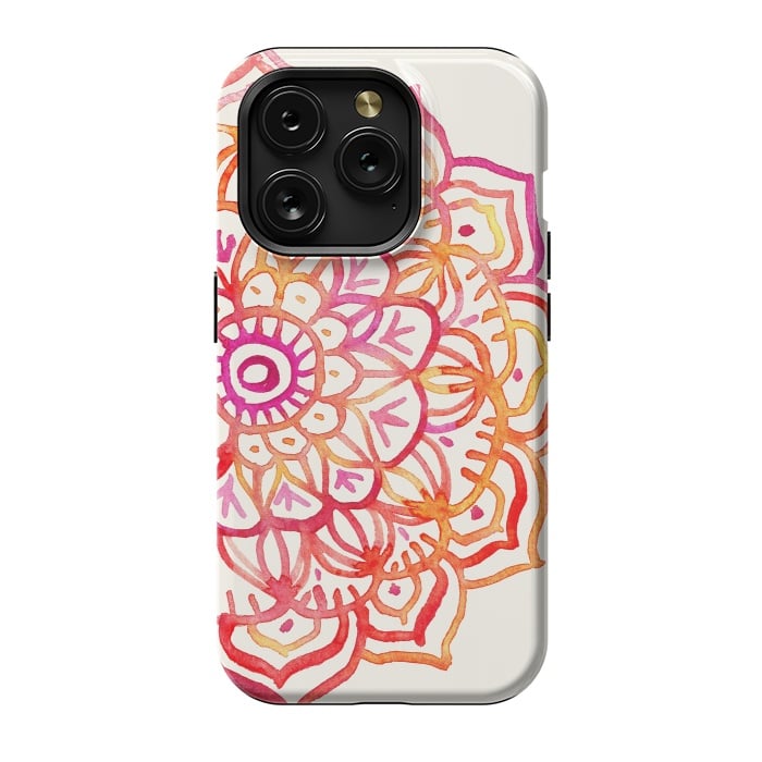 iPhone 15 Pro StrongFit Watercolor Mandala in Sunset Colors by Micklyn Le Feuvre