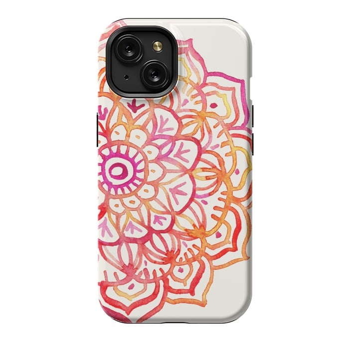 iPhone 15 StrongFit Watercolor Mandala in Sunset Colors by Micklyn Le Feuvre
