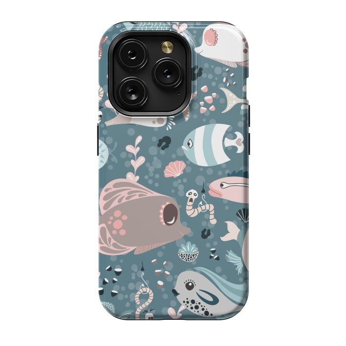 iPhone 15 Pro StrongFit Funny Fish in Blue and White by Paula Ohreen