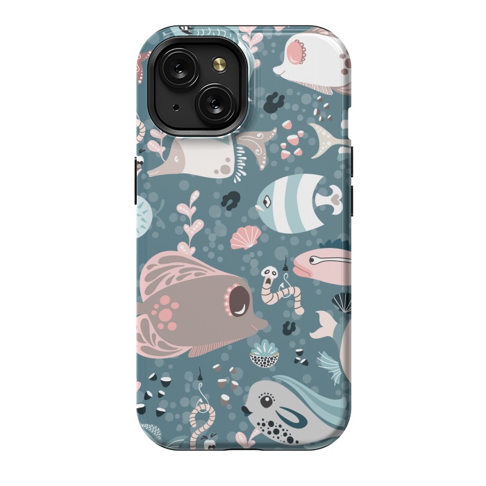 iPhone 15 StrongFit Funny Fish in Blue and White by Paula Ohreen