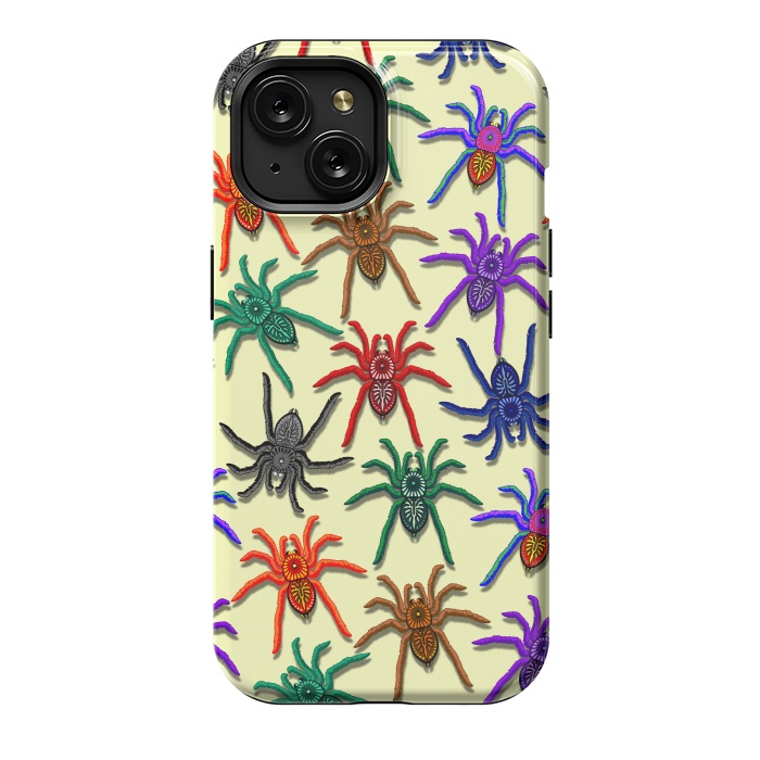 iPhone 15 StrongFit Spiders Colorful Halloween Tarantulas Pattern by BluedarkArt