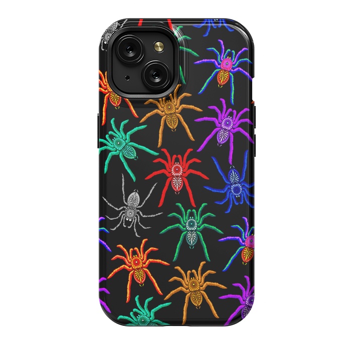 iPhone 15 StrongFit Spiders Pattern Colorful Tarantulas on Black by BluedarkArt