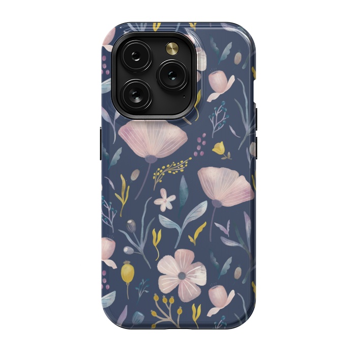 iPhone 15 Pro StrongFit Delicate Pastel Floral on Blue by Noonday Design