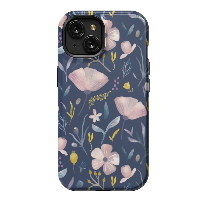 iPhone 15 StrongFit Delicate Pastel Floral on Blue by Noonday Design