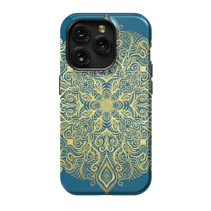 iPhone 15 Pro StrongFit Ornate Gold Mandala on Deep Blue by Micklyn Le Feuvre