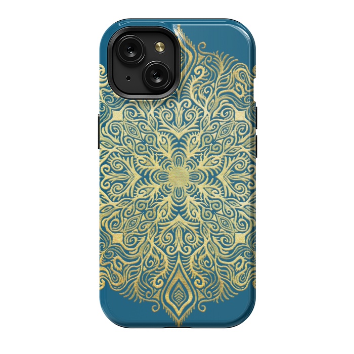 iPhone 15 StrongFit Ornate Gold Mandala on Deep Blue by Micklyn Le Feuvre