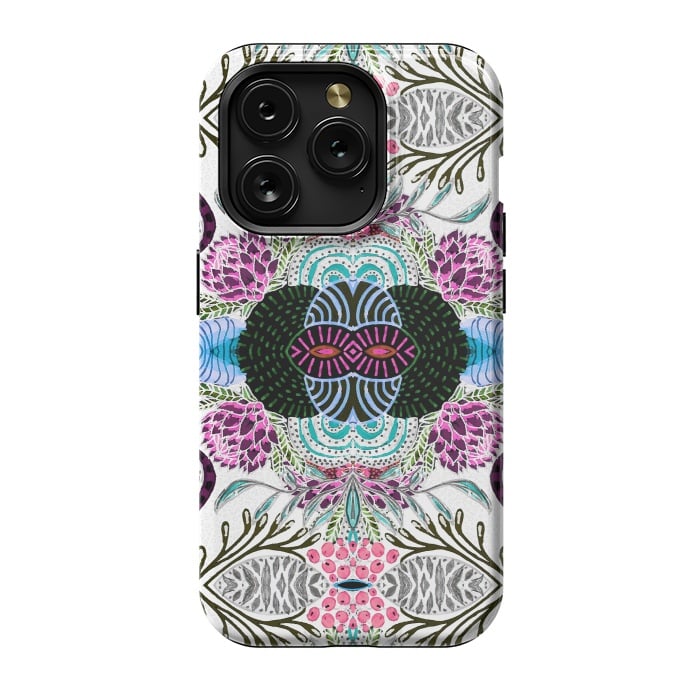 iPhone 15 Pro StrongFit Whimsical tribal mask abstract design by InovArts