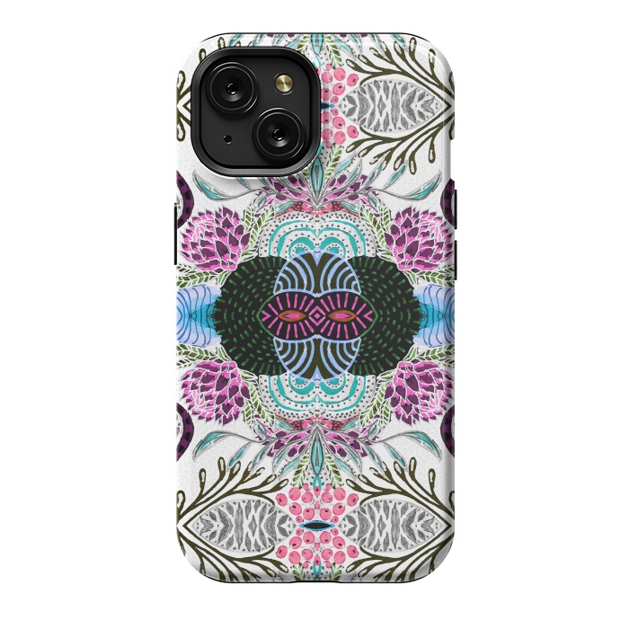 iPhone 15 StrongFit Whimsical tribal mask abstract design by InovArts