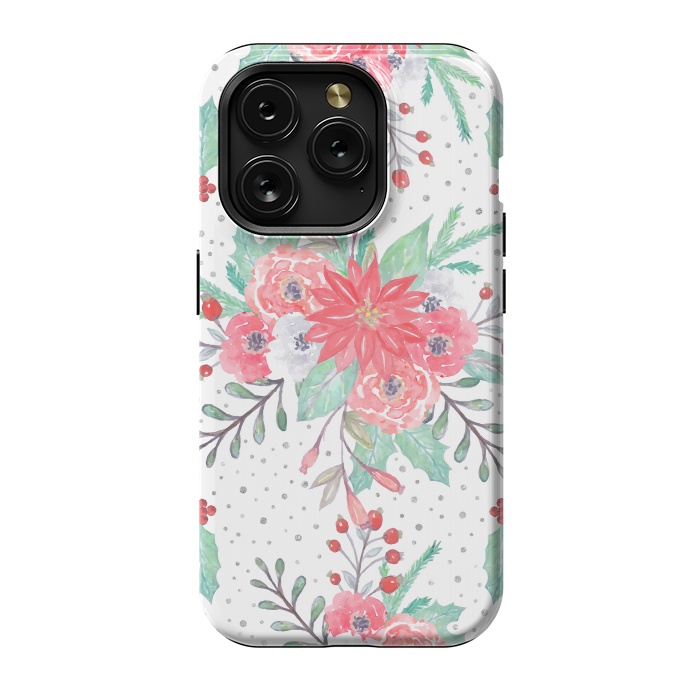 iPhone 15 Pro StrongFit Pretty watercolor Christmas floral and dots design by InovArts