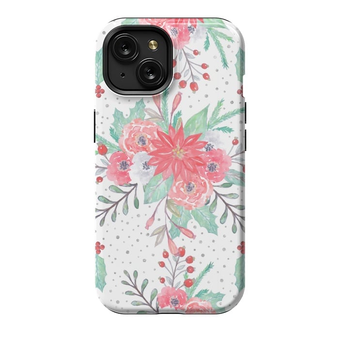 iPhone 15 StrongFit Pretty watercolor Christmas floral and dots design by InovArts
