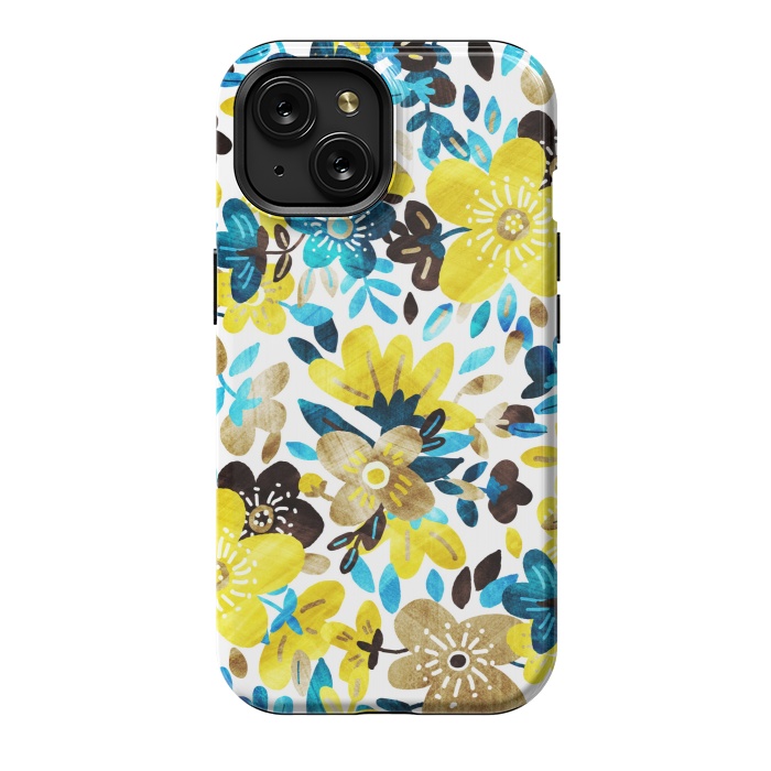 iPhone 15 StrongFit Happy Yellow & Turquoise Floral Collage by Micklyn Le Feuvre