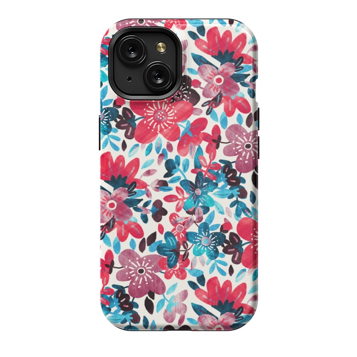 iPhone 15 StrongFit Cheerful Red and Blue Floral Pattern by Micklyn Le Feuvre