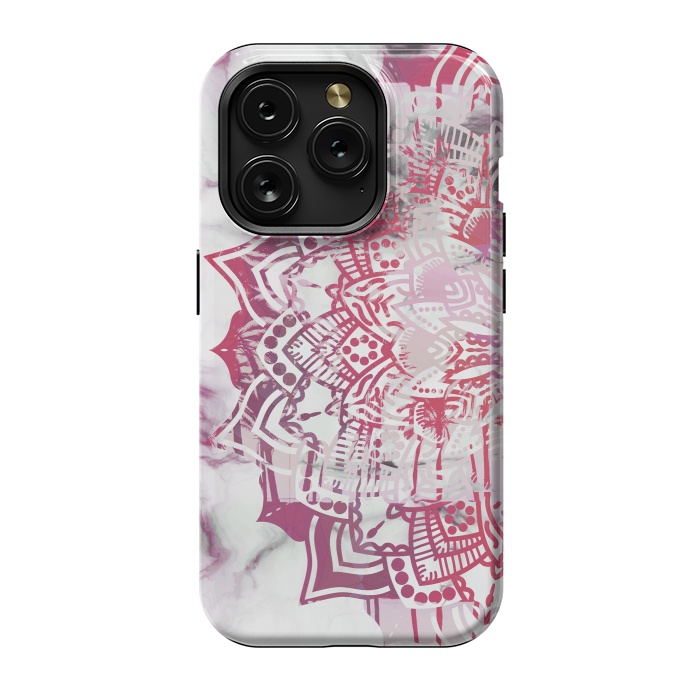 iPhone 15 Pro StrongFit Red pink mandala digital painting on white marble by Oana 