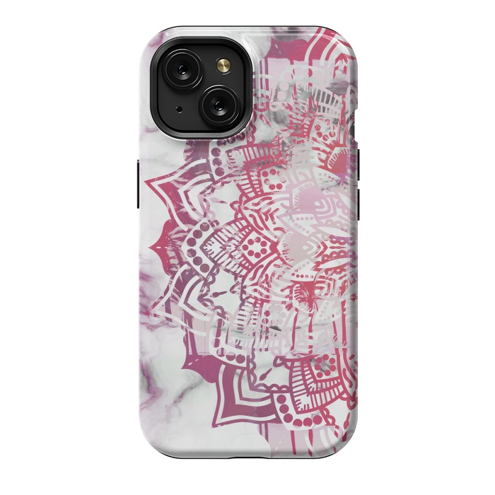 iPhone 15 StrongFit Red pink mandala digital painting on white marble by Oana 