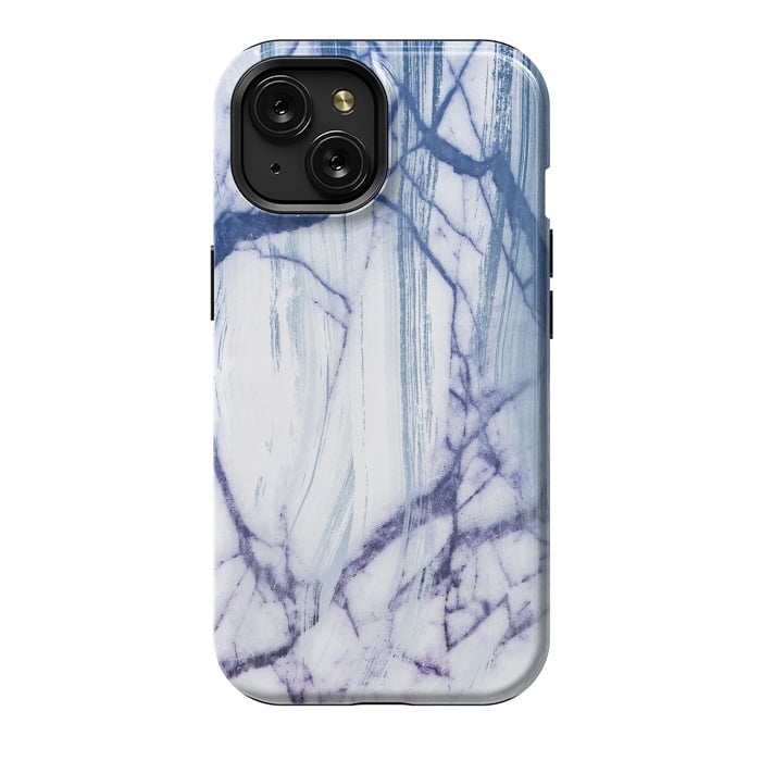 iPhone 15 StrongFit White marble with blue cracks brushstrokes by Oana 