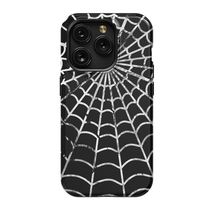iPhone 15 Pro StrongFit Black and white textured brushed spider web - Halloween by Oana 