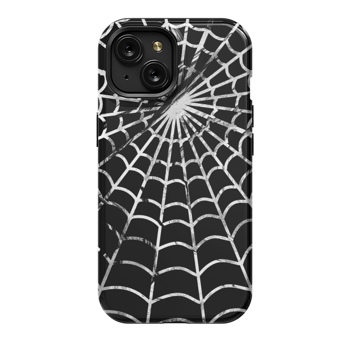 iPhone 15 StrongFit Black and white textured brushed spider web - Halloween by Oana 