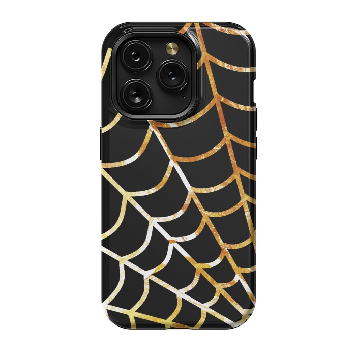 iPhone 15 Pro StrongFit Golden spider web on black - line art Halloween illustration by Oana 