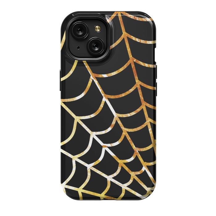 iPhone 15 StrongFit Golden spider web on black - line art Halloween illustration by Oana 