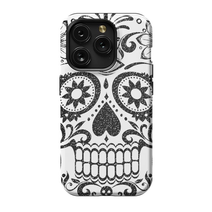 iPhone 15 Pro StrongFit Black glitter decorated floral sugar skull - Halloween by Oana 