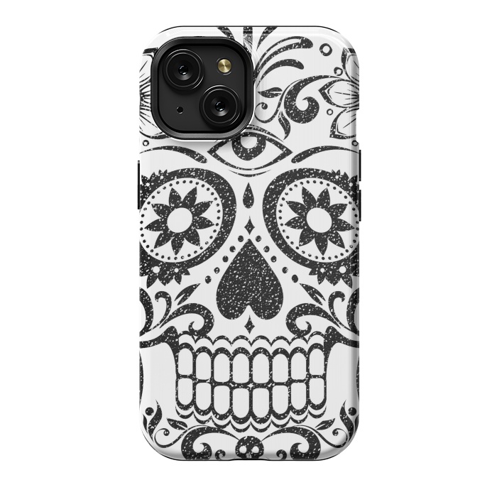 iPhone 15 StrongFit Black glitter decorated floral sugar skull - Halloween by Oana 