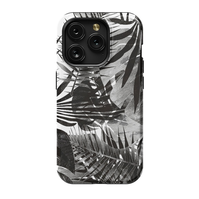 iPhone 15 Pro StrongFit Black ink tropical palm and ficus leaves monochrome jungle by Oana 