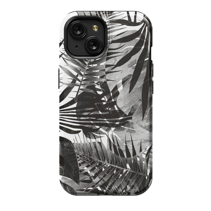 iPhone 15 StrongFit Black ink tropical palm and ficus leaves monochrome jungle by Oana 