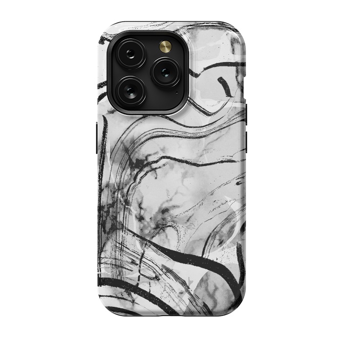 iPhone 15 Pro StrongFit Minimal white gray marble with black ink brushstroke stripes by Oana 