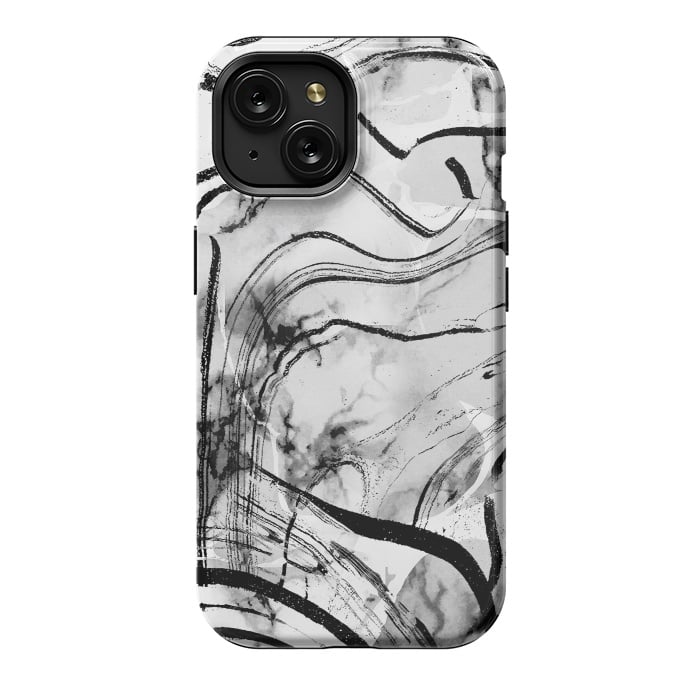 iPhone 15 StrongFit Minimal white gray marble with black ink brushstroke stripes by Oana 