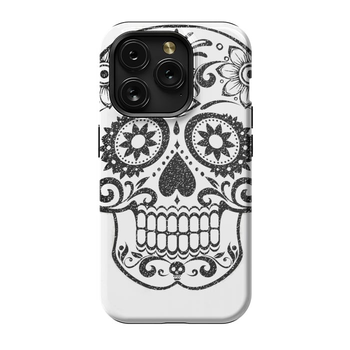 iPhone 15 Pro StrongFit Day of the Dead floral black glitter sugar skull by Oana 